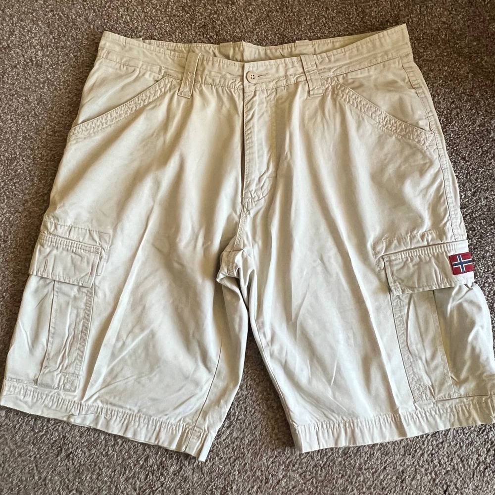 Napapijri Geographic Mens‎ Khaki Beige Cargo Shorts Pockets Casual Size 36 0589